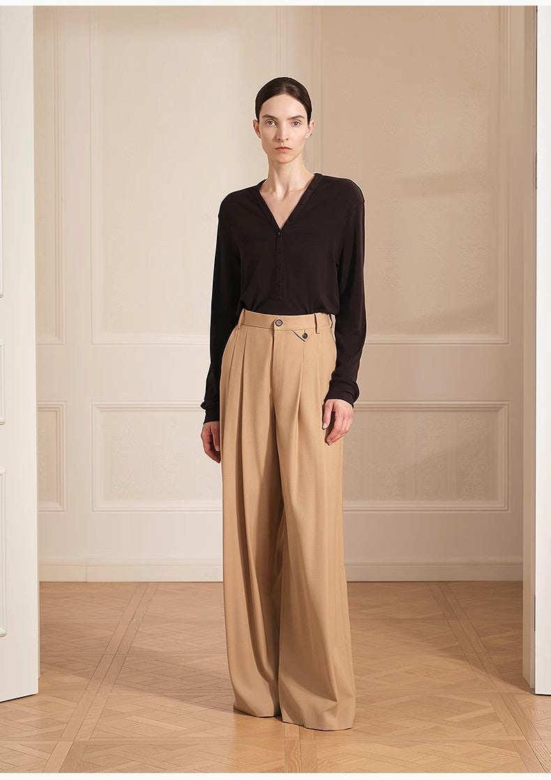 Merino Wool Blended Double Pleated Wide-Leg Pants