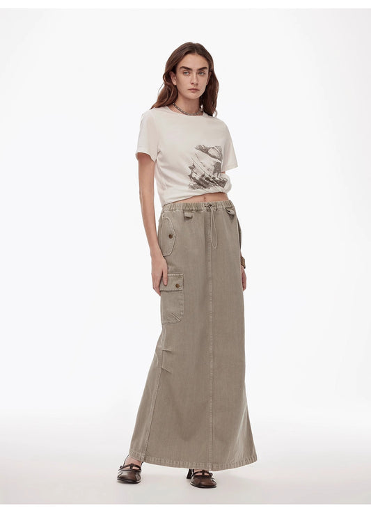 "Dune Fantasy" Wasteland Style Washed Drawstring Elastic Low Rise Straight Workwear Denim Skirt
