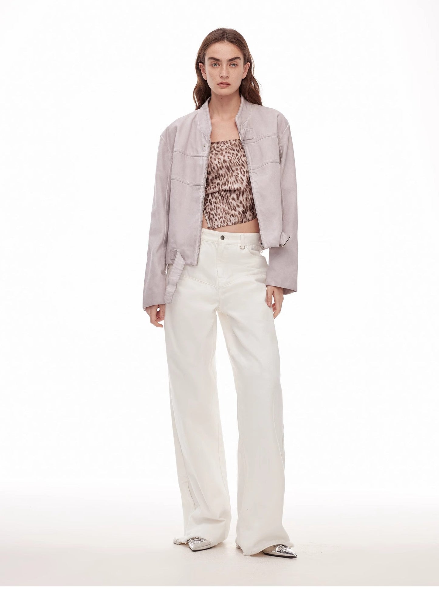 Vintage Style Curved Split Design Wide-Leg Micro-Lapel Mid-Low Waist Denim Pants