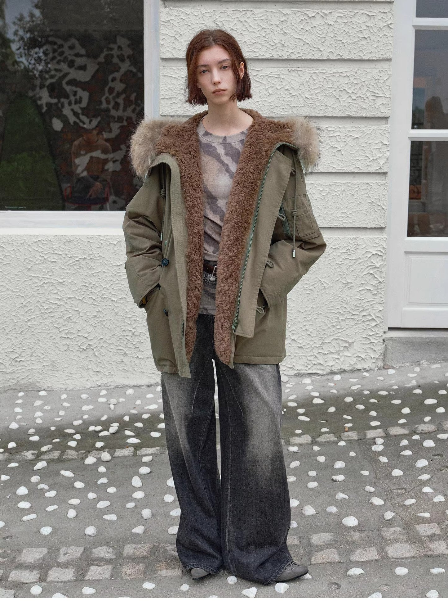 Fireladyfur Women's Shearling Lined Down Parka With Raccoon Fur Collar Hood"Coastal Highway II"