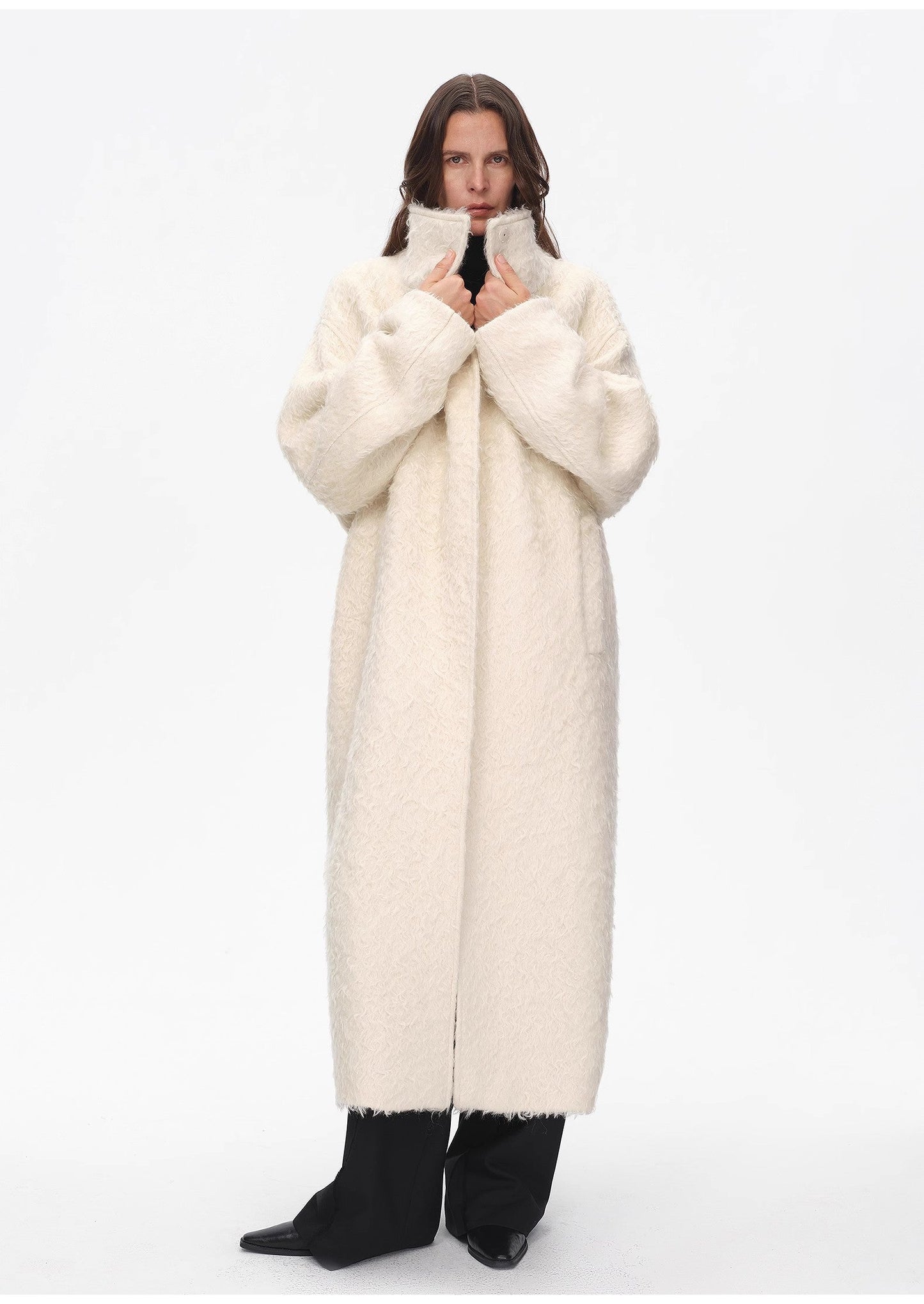 "Song of Snowland"Women's Mohair Wool Stand Collar Coat Autumn and Winter Loose Woolen Coat