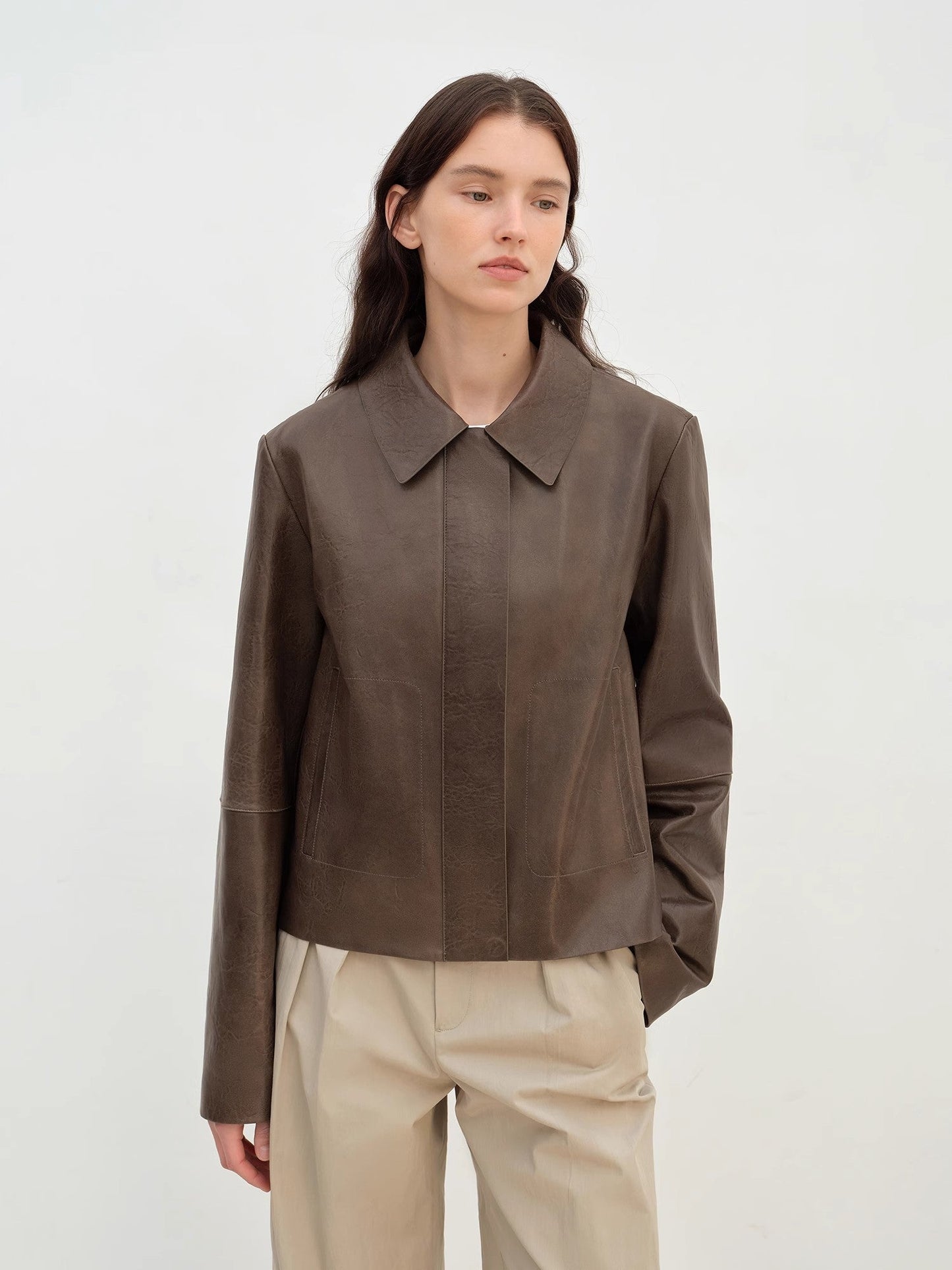 Two-Tone Wax Sheepskin Short Jacket Leather Coat Women