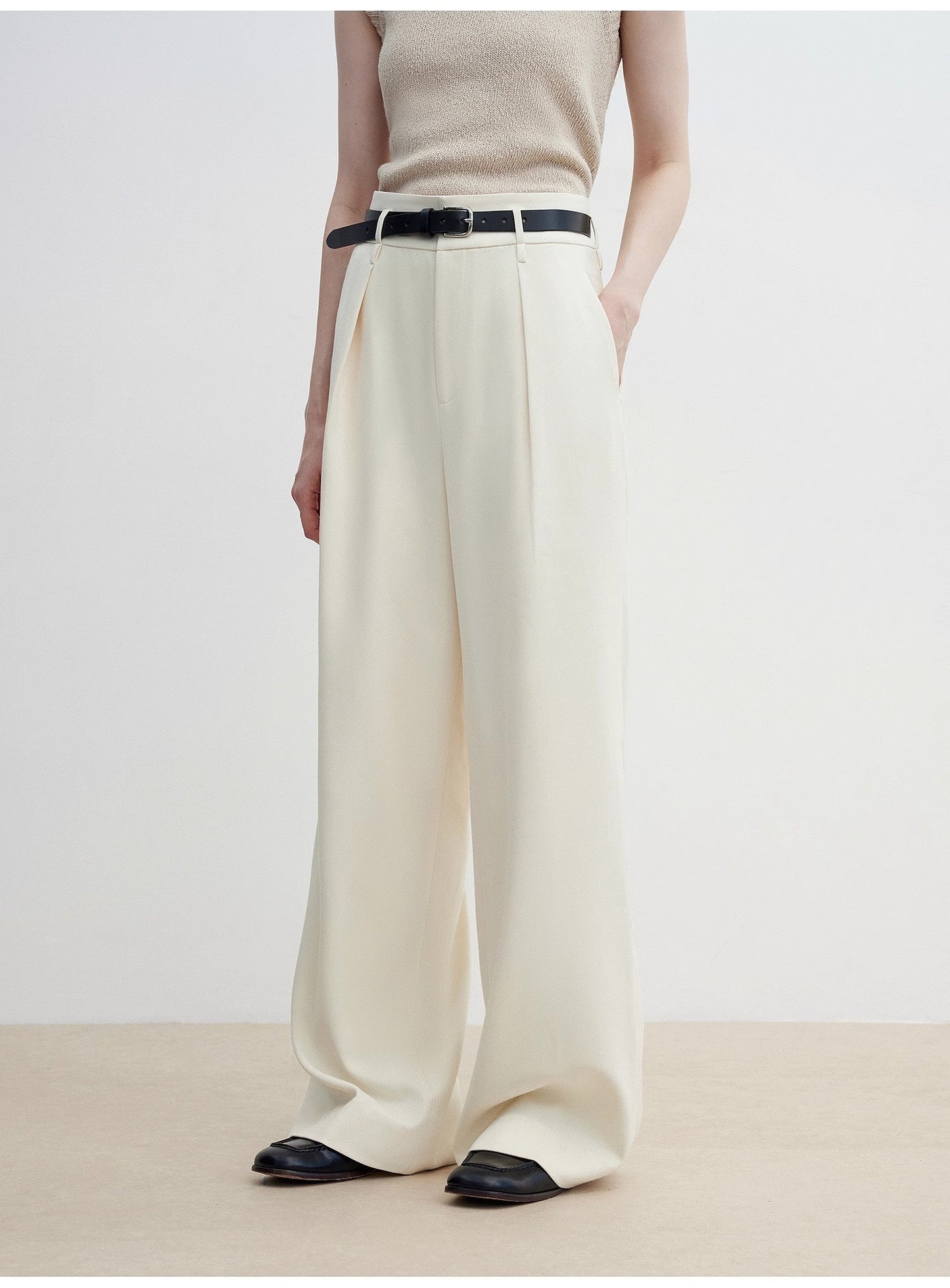 Women's White Straight Casual Wide Waist Drape Floor-Length Wide Leg Pants