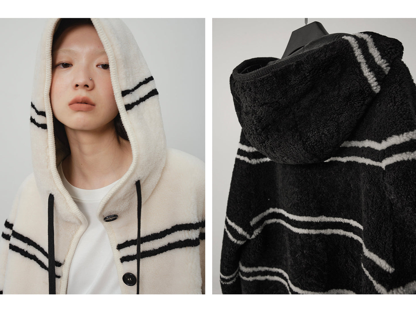 Snowy New Year Merino Sheepskin Lamb Wool Striped Jacket