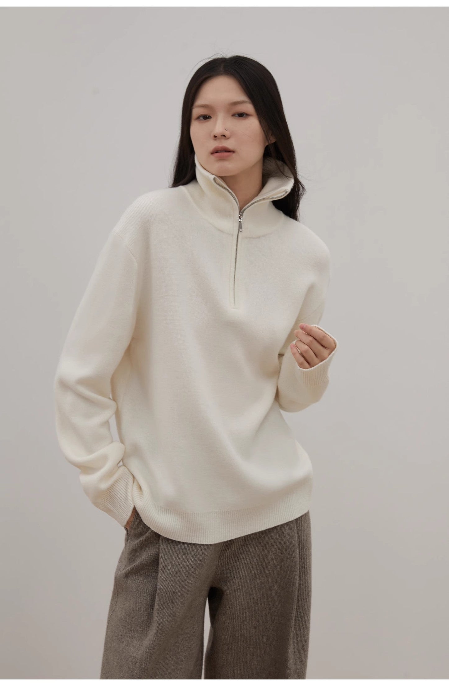 "Moonlight Farm" Merino Wool Lazy Loose Pullover Sweater Women's Zipper Turtleneck Sweater