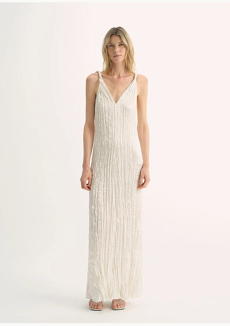 Three-Dimensional Wave Drape Pleated V-Neck Suspender Dress