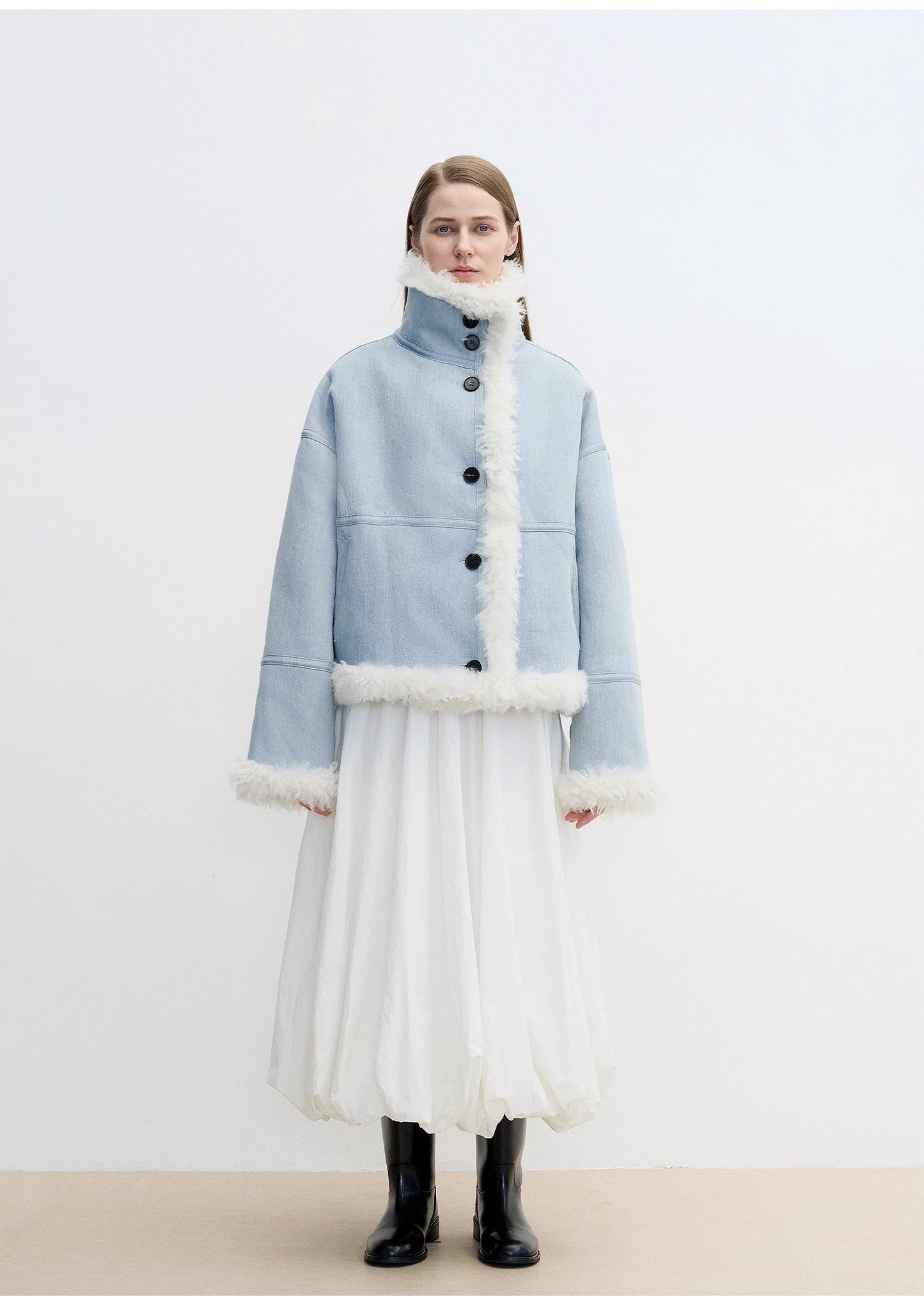 "Mint Glacier"Flip Collar Reversible Shearling Denim Wool Jacket