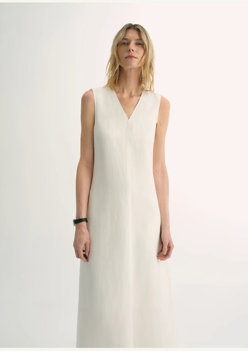 Linen Textured Anti-Wrinkle V-Neck Sleeveless A-Line Dress
