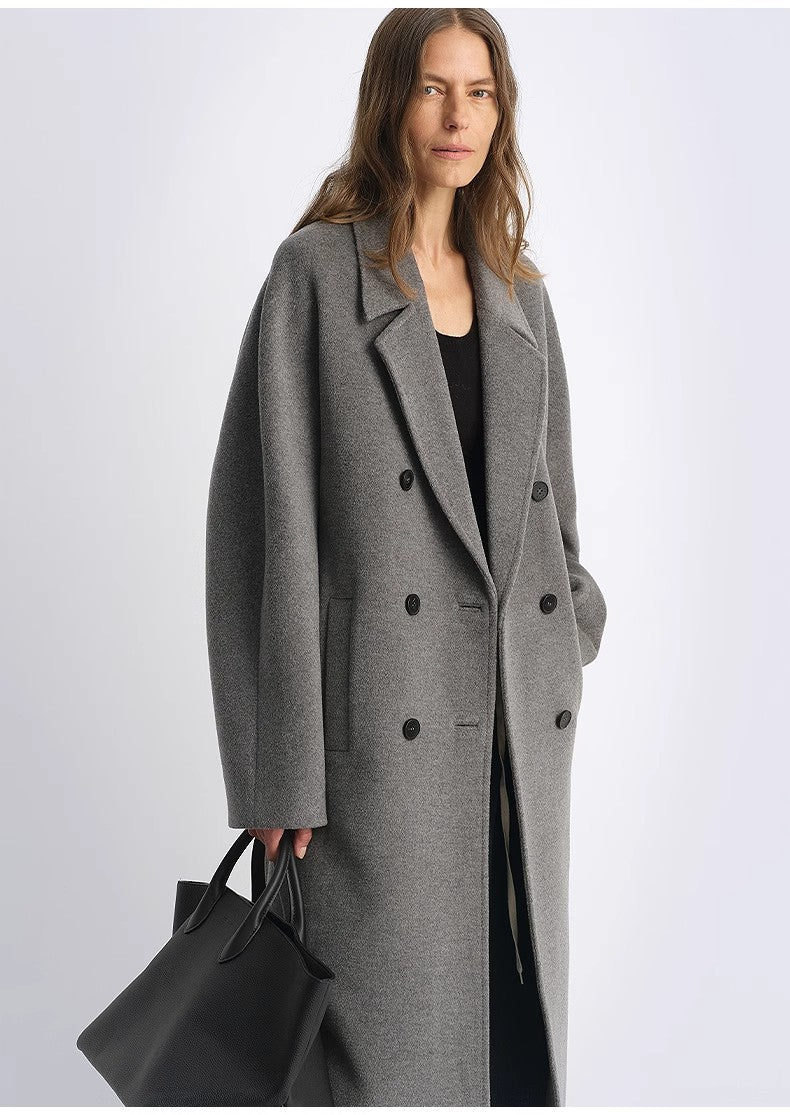 Sheep Wool Cashmere Blend Classic Tie Shoulder Sleeve Double-Breasted Coat