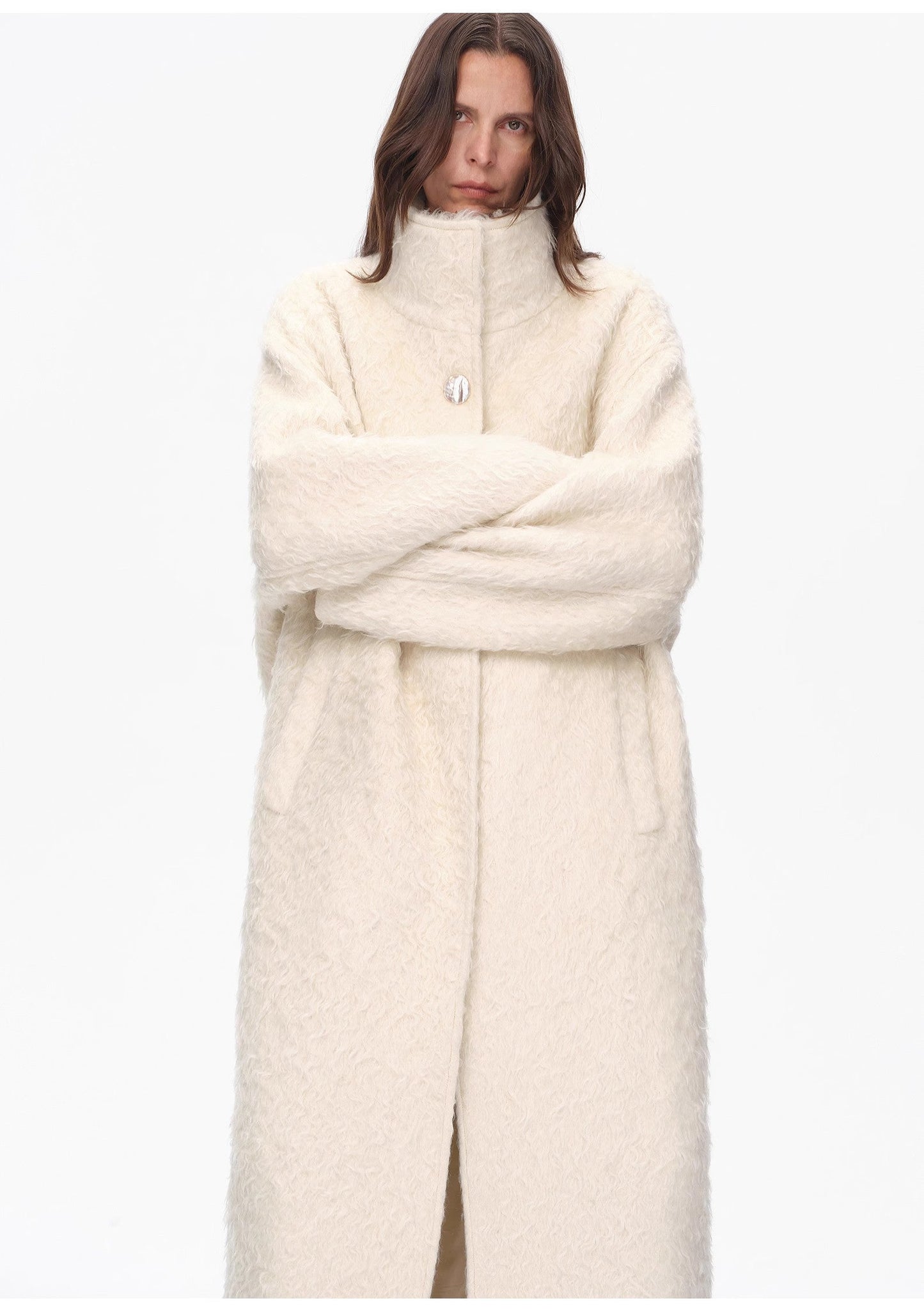 "Song of Snowland"Women's Mohair Wool Stand Collar Coat Autumn and Winter Loose Woolen Coat
