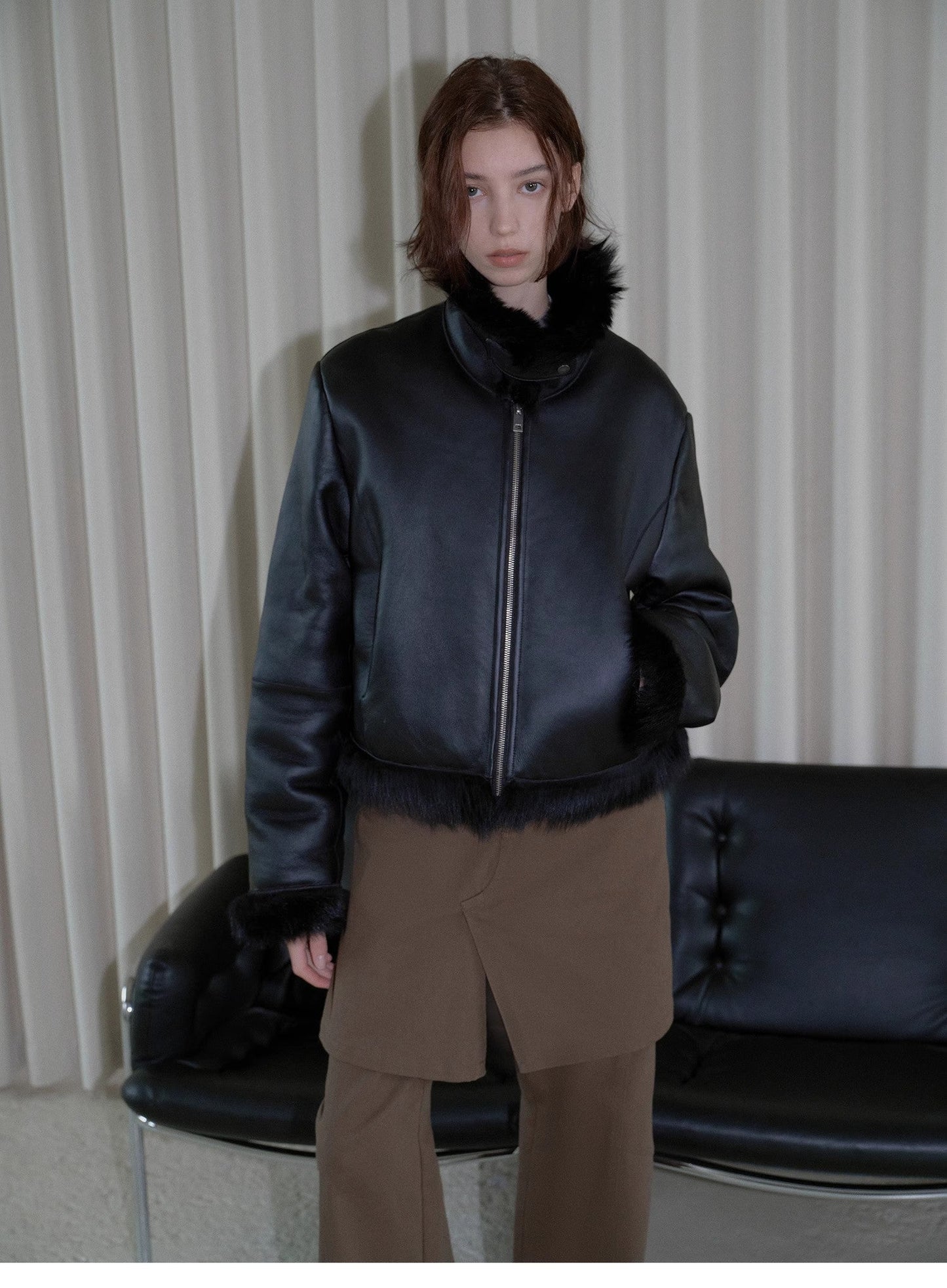 Fireladyfur Women's Shearling Coat - Motorcycle Style Tuscan Wool Short Jacket