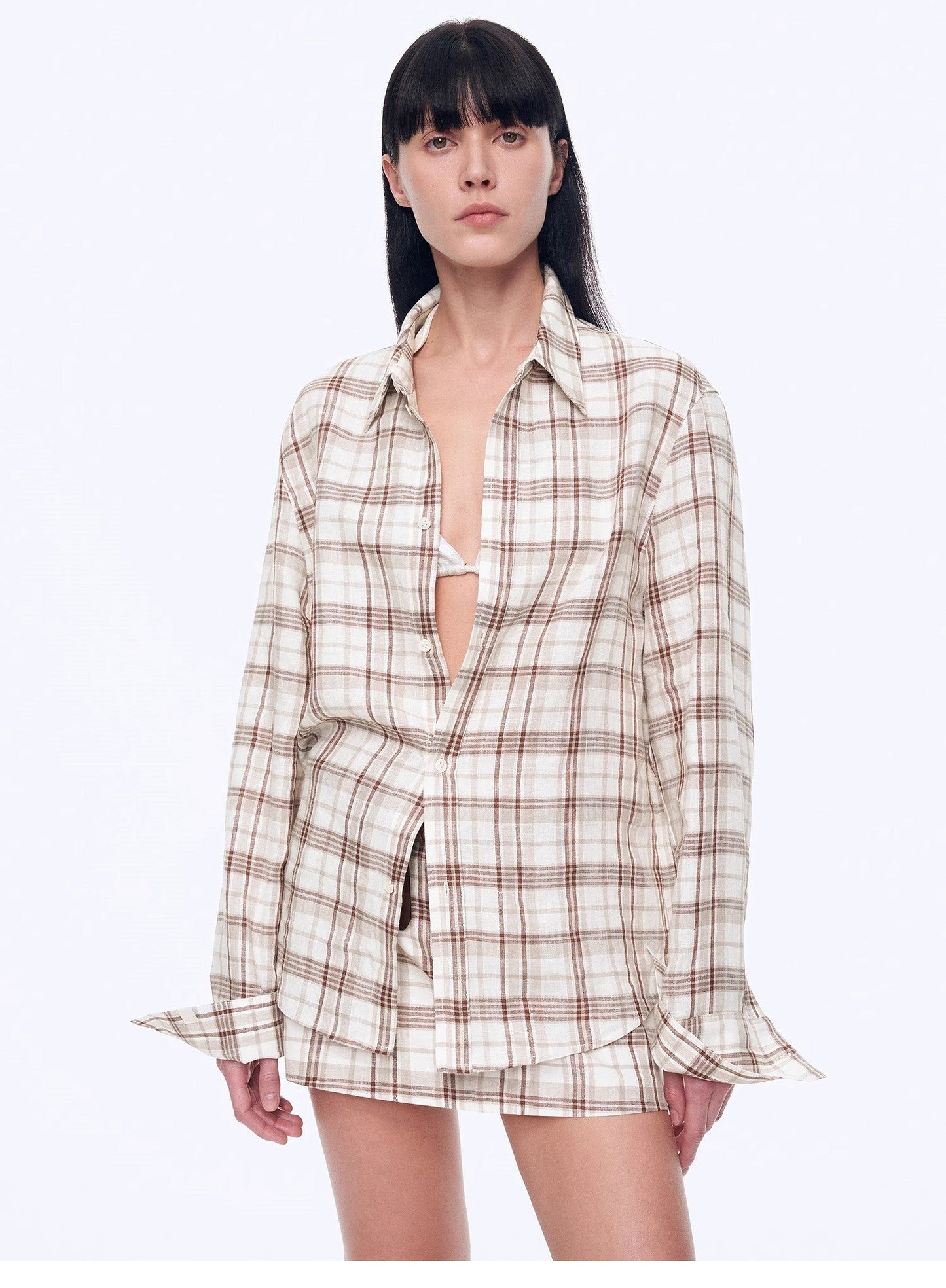 Vintage Linen Shirt Skirt Two-Piece Spring"Plaid Sketch"