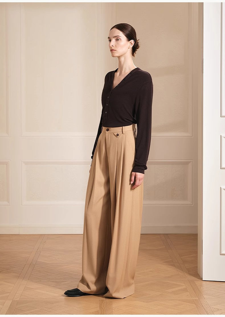 Merino Wool Blended Double Pleated Wide-Leg Pants