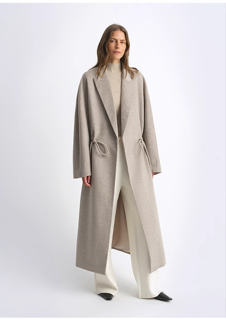 women's Original Color Wool Peaked Lapel Drawstring Mid-Length Wool Coat