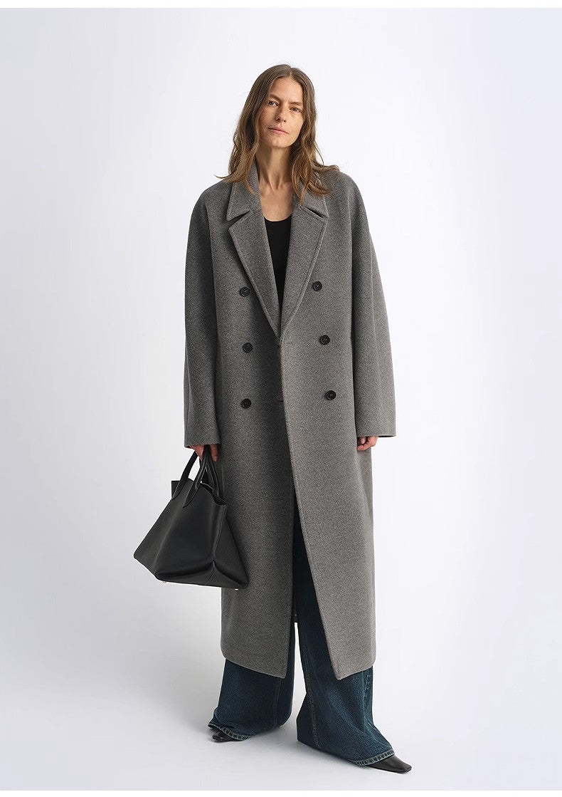 Sheep Wool Cashmere Blend Classic Tie Shoulder Sleeve Double-Breasted Coat