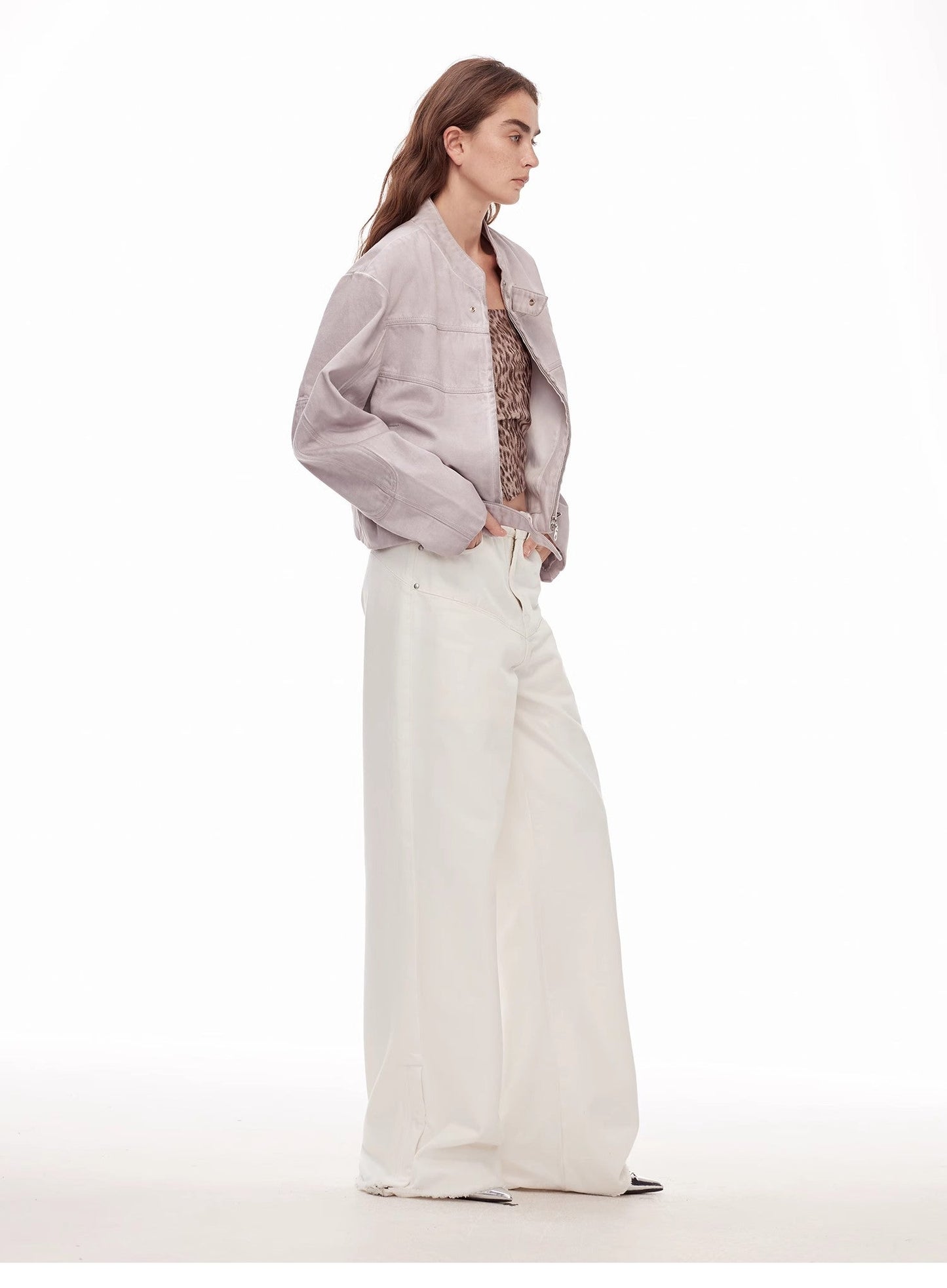 Vintage Style Curved Split Design Wide-Leg Micro-Lapel Mid-Low Waist Denim Pants