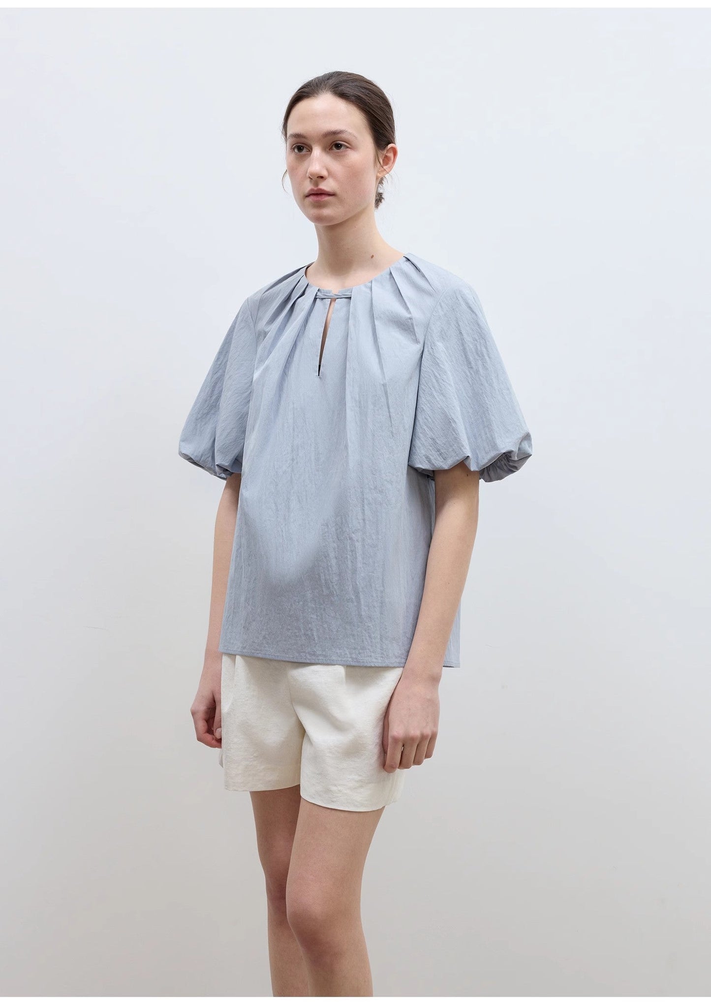 Neckline Pleated Design Round Neck Tie Puff Sleeve Short Sleeve Shirt