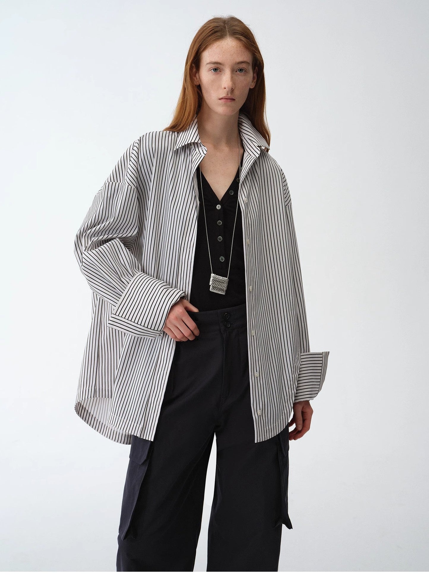 Casual Asymmetric Slanted Front Two-Wear Striped Long Sleeve Shirt