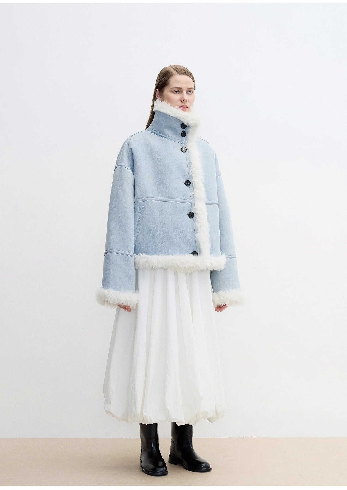 "Mint Glacier"Flip Collar Reversible Shearling Denim Wool Jacket