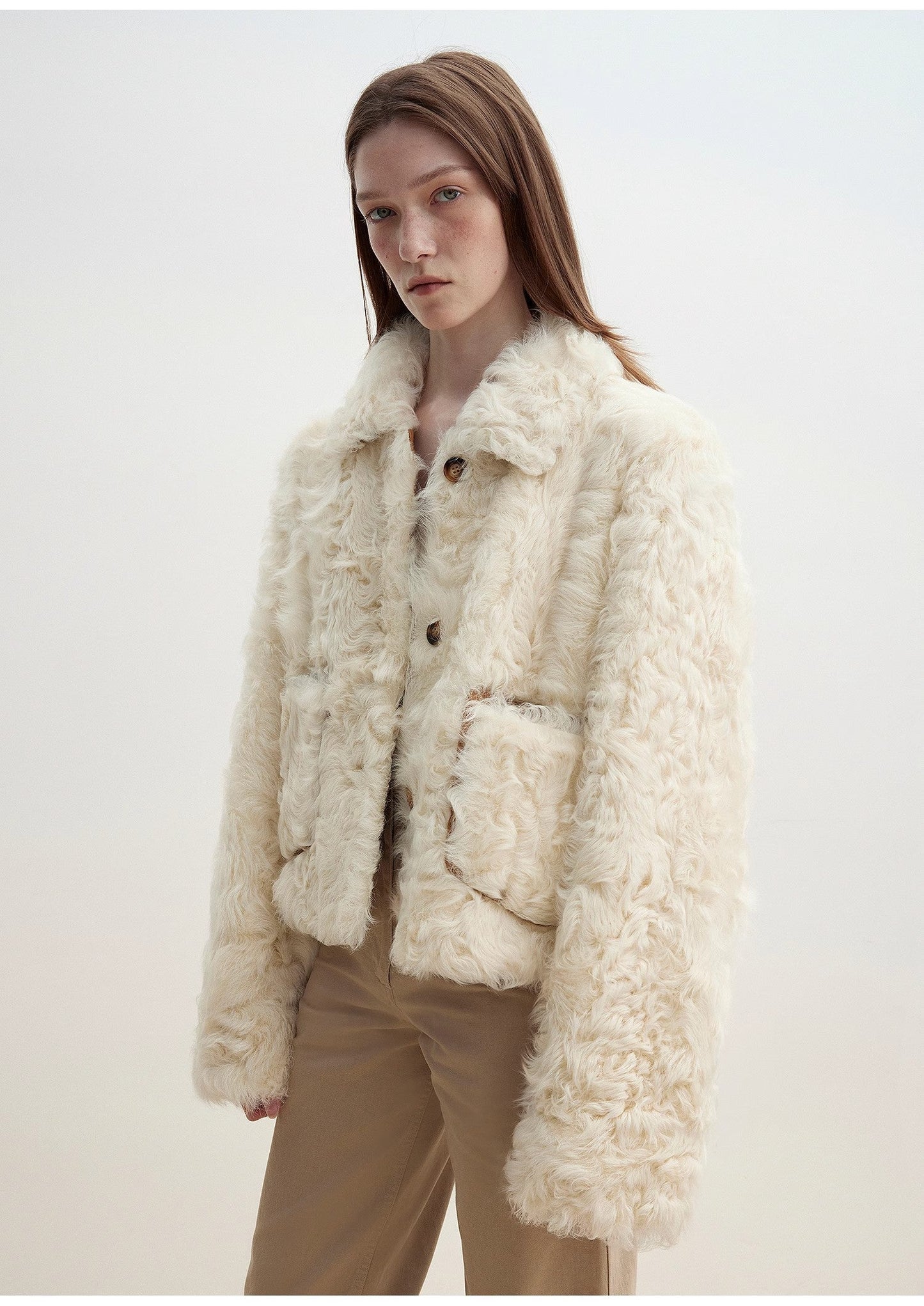"Rachel" Frost-Smudged Two-Tone Sheepskin Lapel Coat