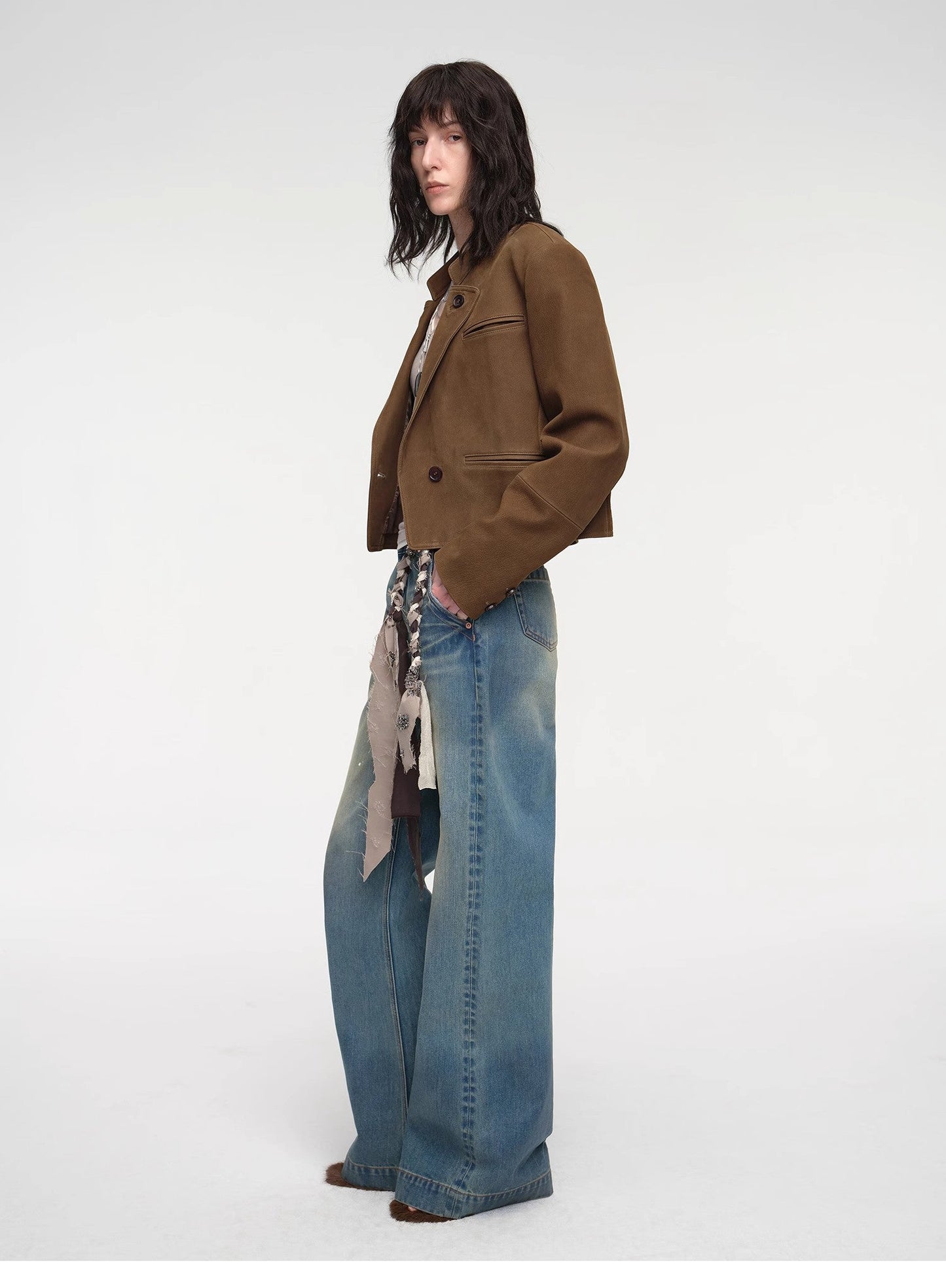 Stand Collar Suit Sheepskin Leather Short Jacket "Roman Story"