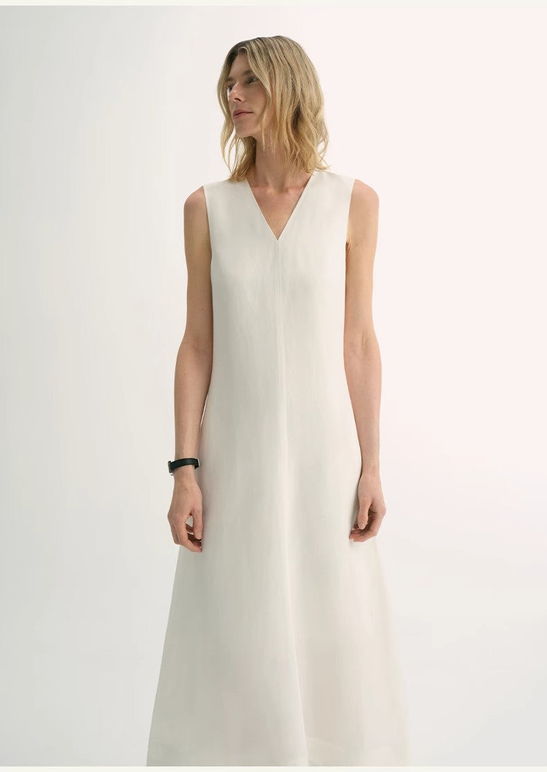 Linen Textured Anti-Wrinkle V-Neck Sleeveless A-Line Dress