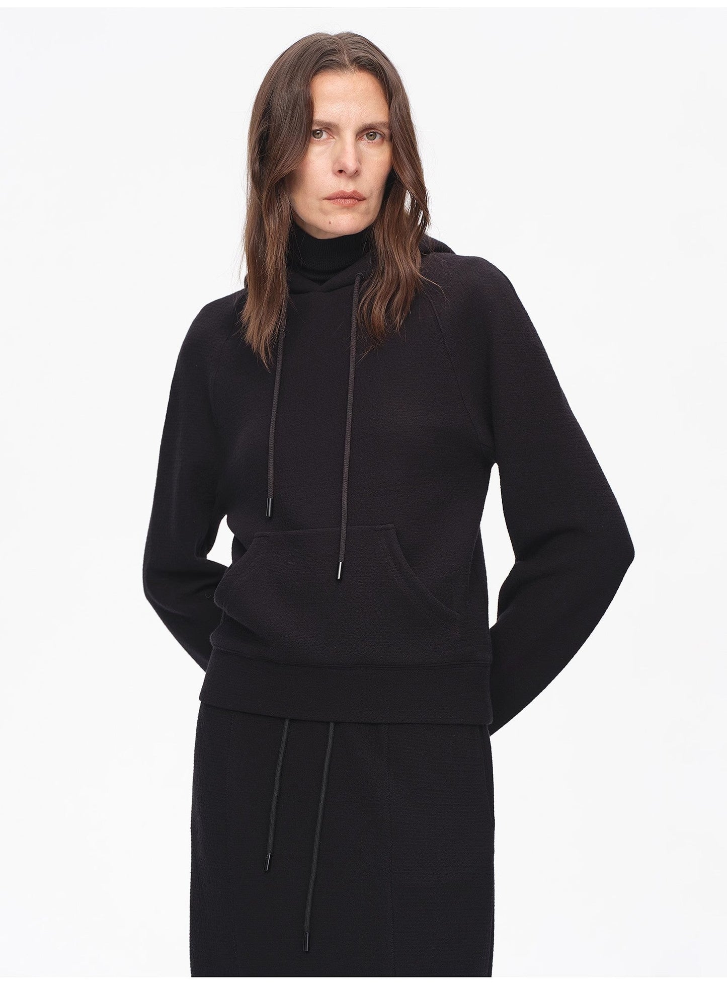 "Casual Life" Textured Cotton Loose Straight Hooded Short Sweatshirt