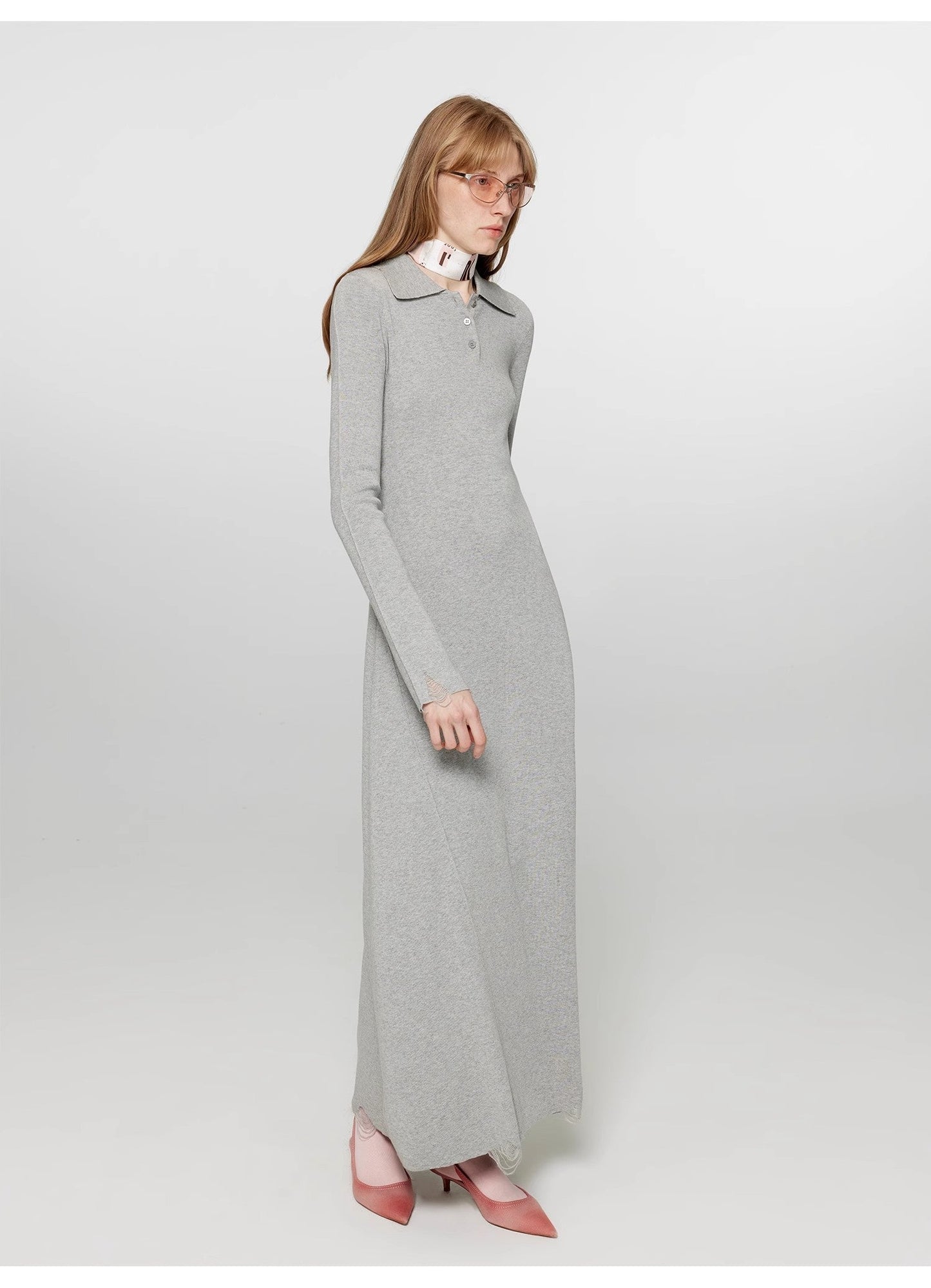 "Spring Muse" Merino Wool / Exquisite Polo Collar Waist-Cinching Knit A-Line Dress for Women