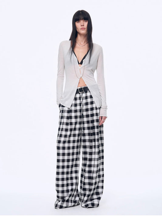 "Plaid Accent" National Style Tencel Acetate Jacquard/Drape Linen Plaid Retro Casual Pants Spring
