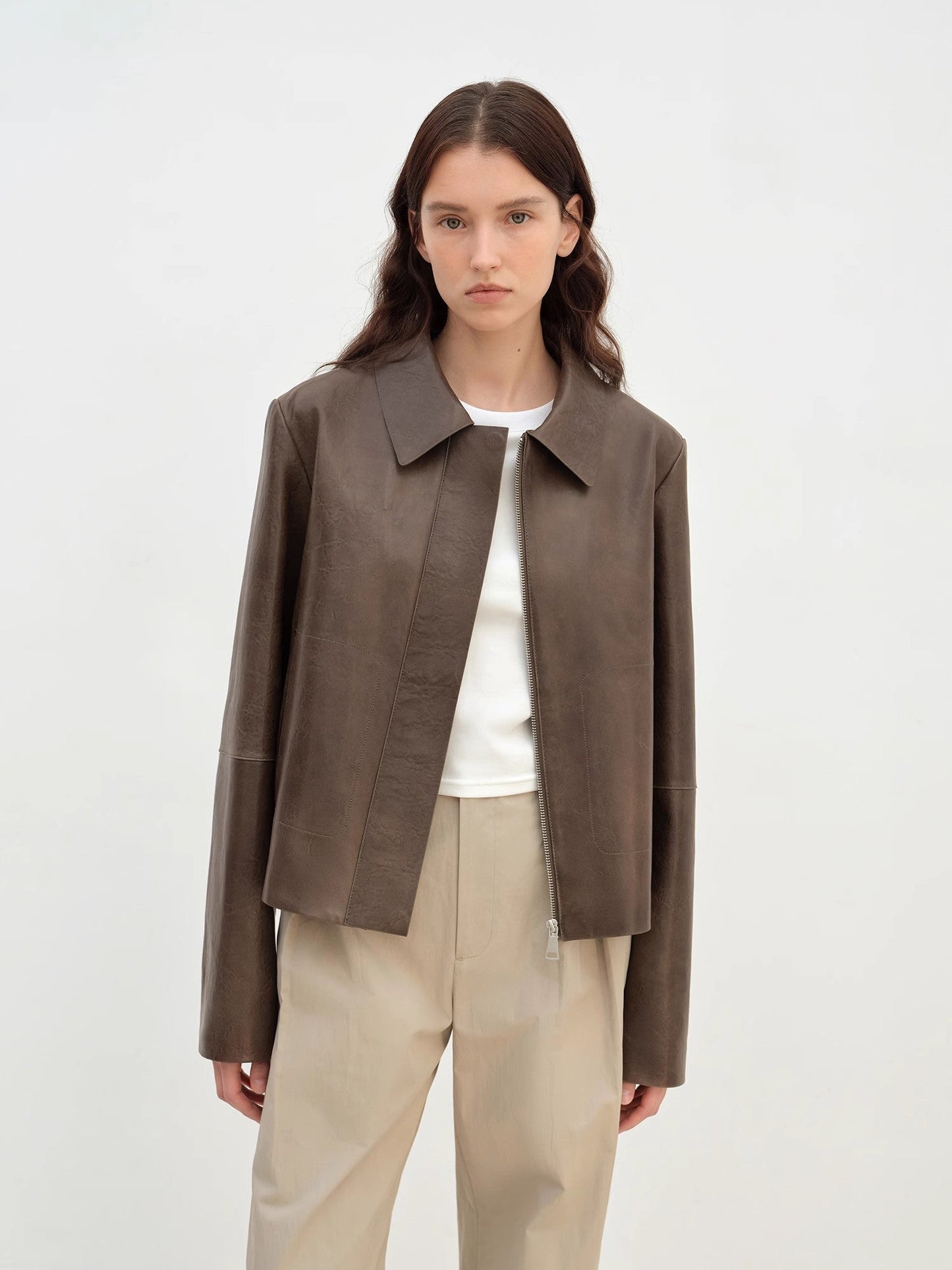 Two-Tone Wax Sheepskin Short Jacket Leather Coat Women