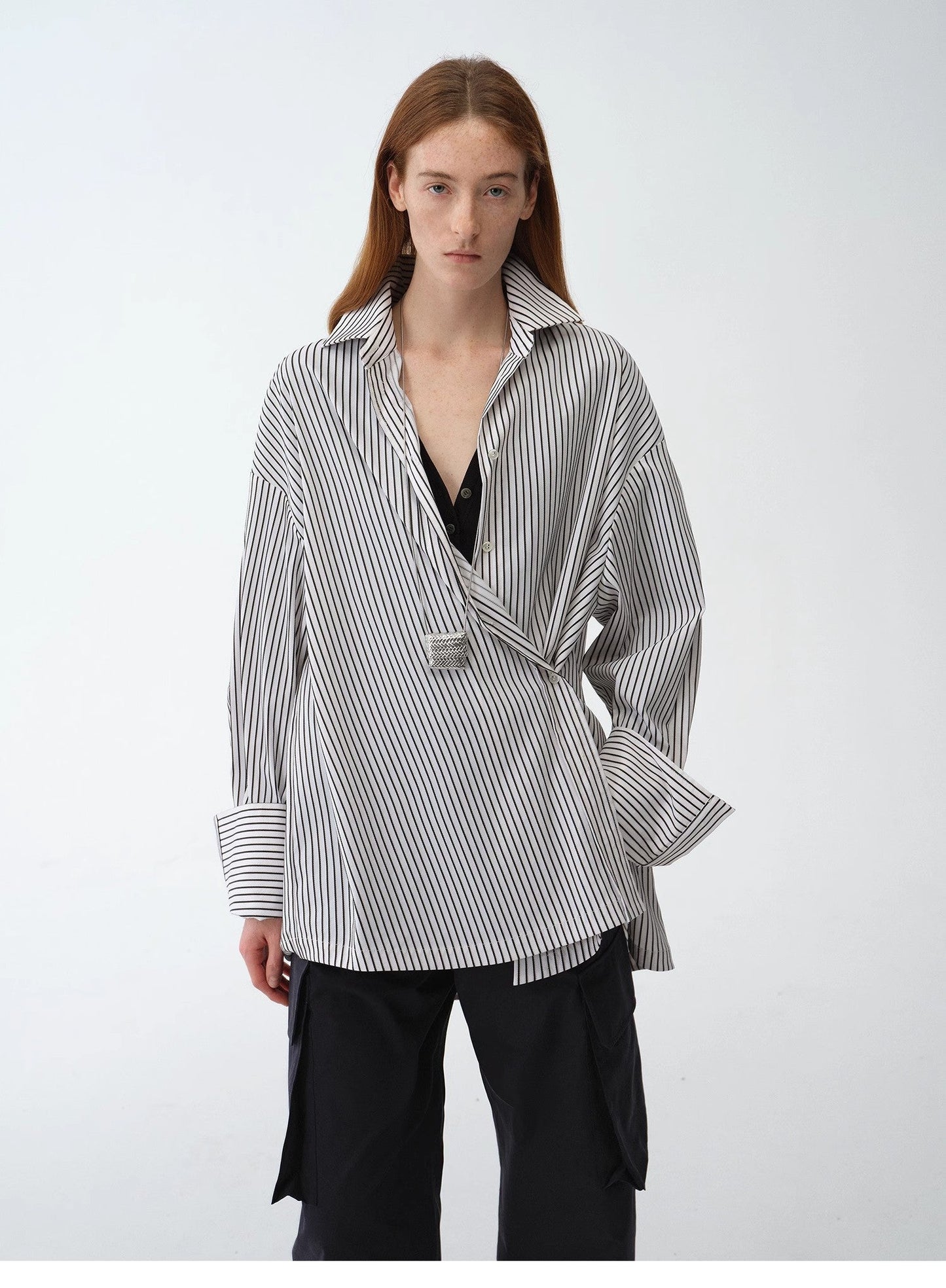 Casual Asymmetric Slanted Front Two-Wear Striped Long Sleeve Shirt