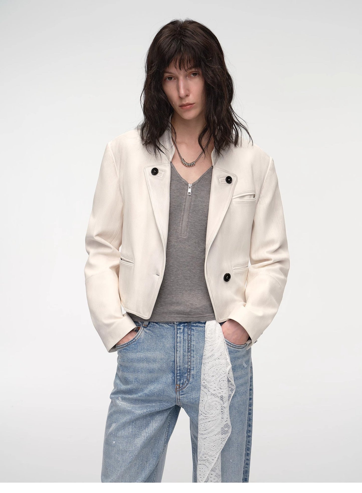 Stand Collar Suit Sheepskin Leather Short Jacket "Roman Story"