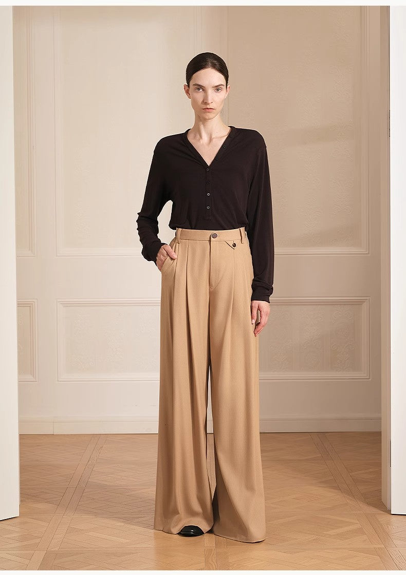 Merino Wool Blended Double Pleated Wide-Leg Pants
