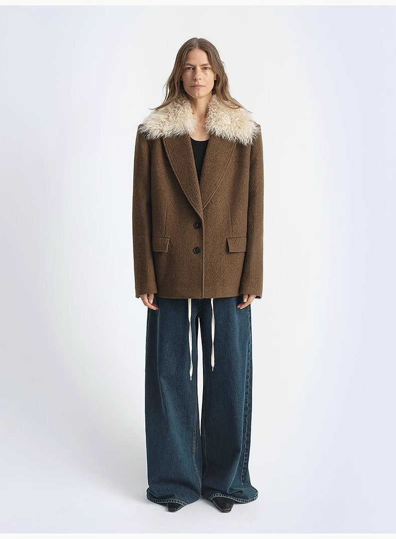 Fireladyfur Wool Tweed Coat With Detachable Fur Collar"Vertical Texture"