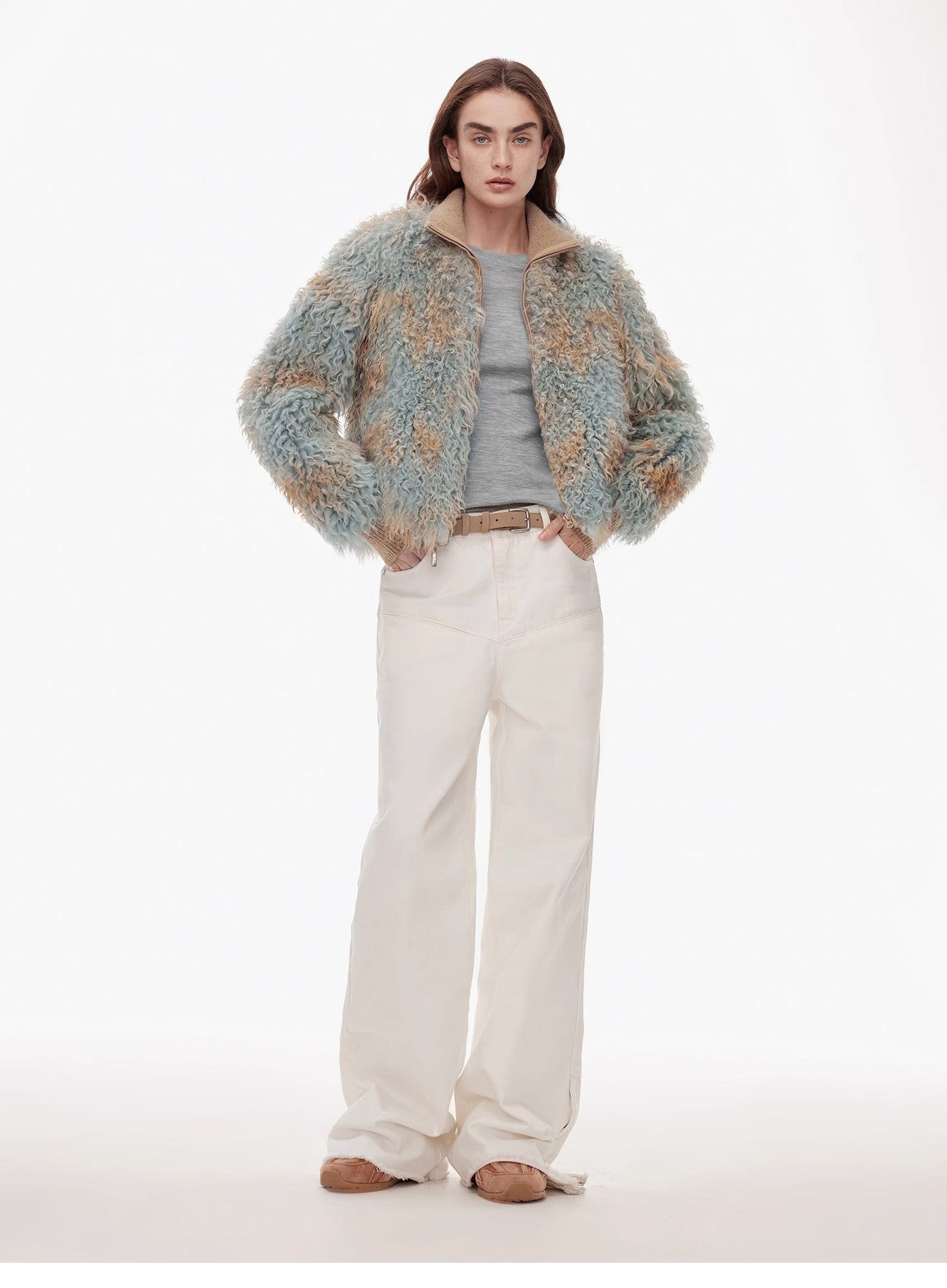 Vintage Style Curved Split Design Wide-Leg Micro-Lapel Mid-Low Waist Denim Pants