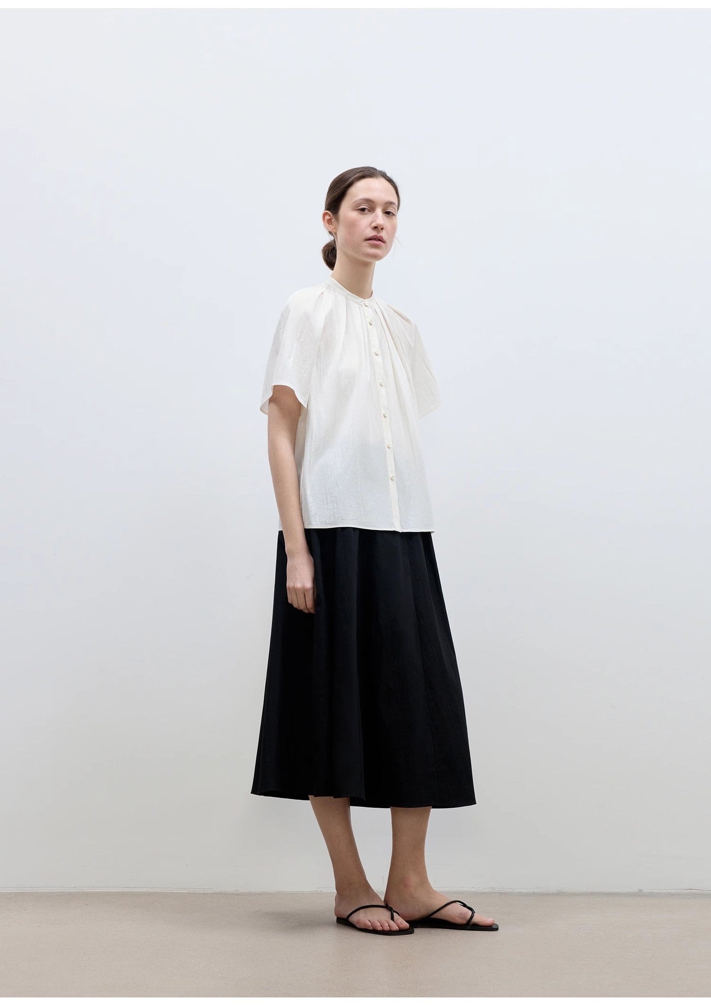 "Silent Island" Stand-Up Collar Pleated Short-Sleeved Shirt Women's Casual Top