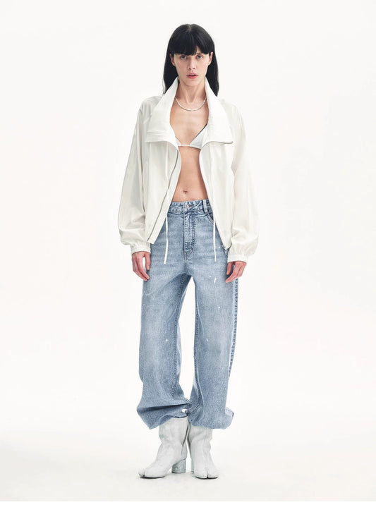 "Front Page Daily" Drawstring Raglan Sleeve Straight Collar Jacket Summer