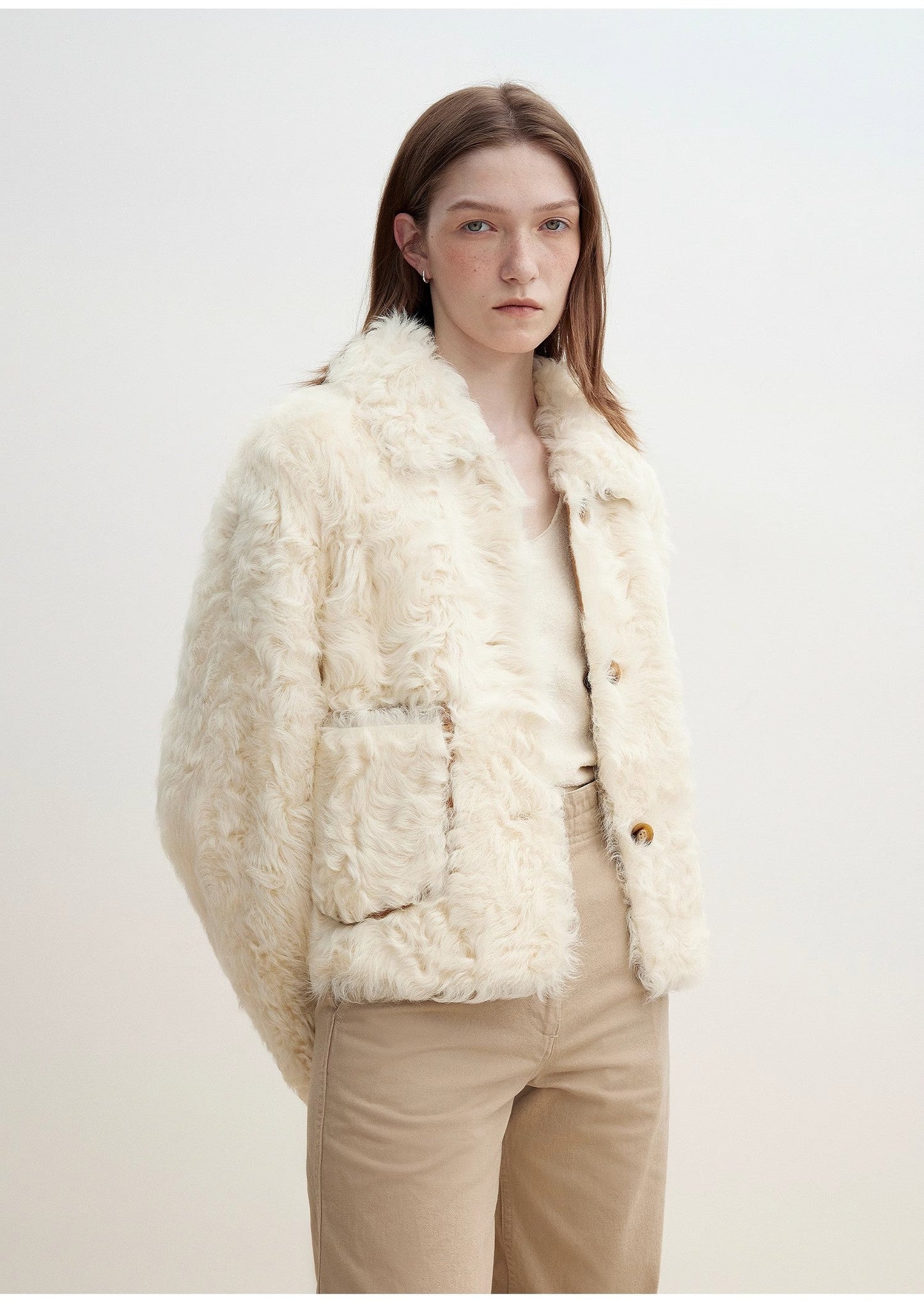 "Rachel" Frost-Smudged Two-Tone Sheepskin Lapel Coat