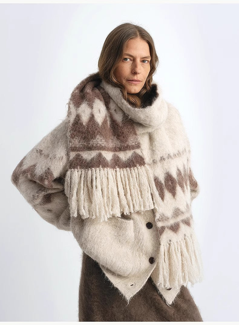 Nepal Alpaca Wool Color Clashing Jacquard Tassel Scarf