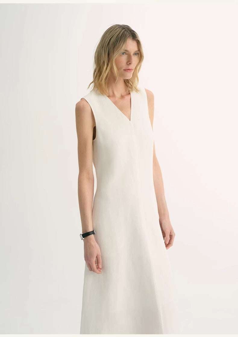 Linen Textured Anti-Wrinkle V-Neck Sleeveless A-Line Dress