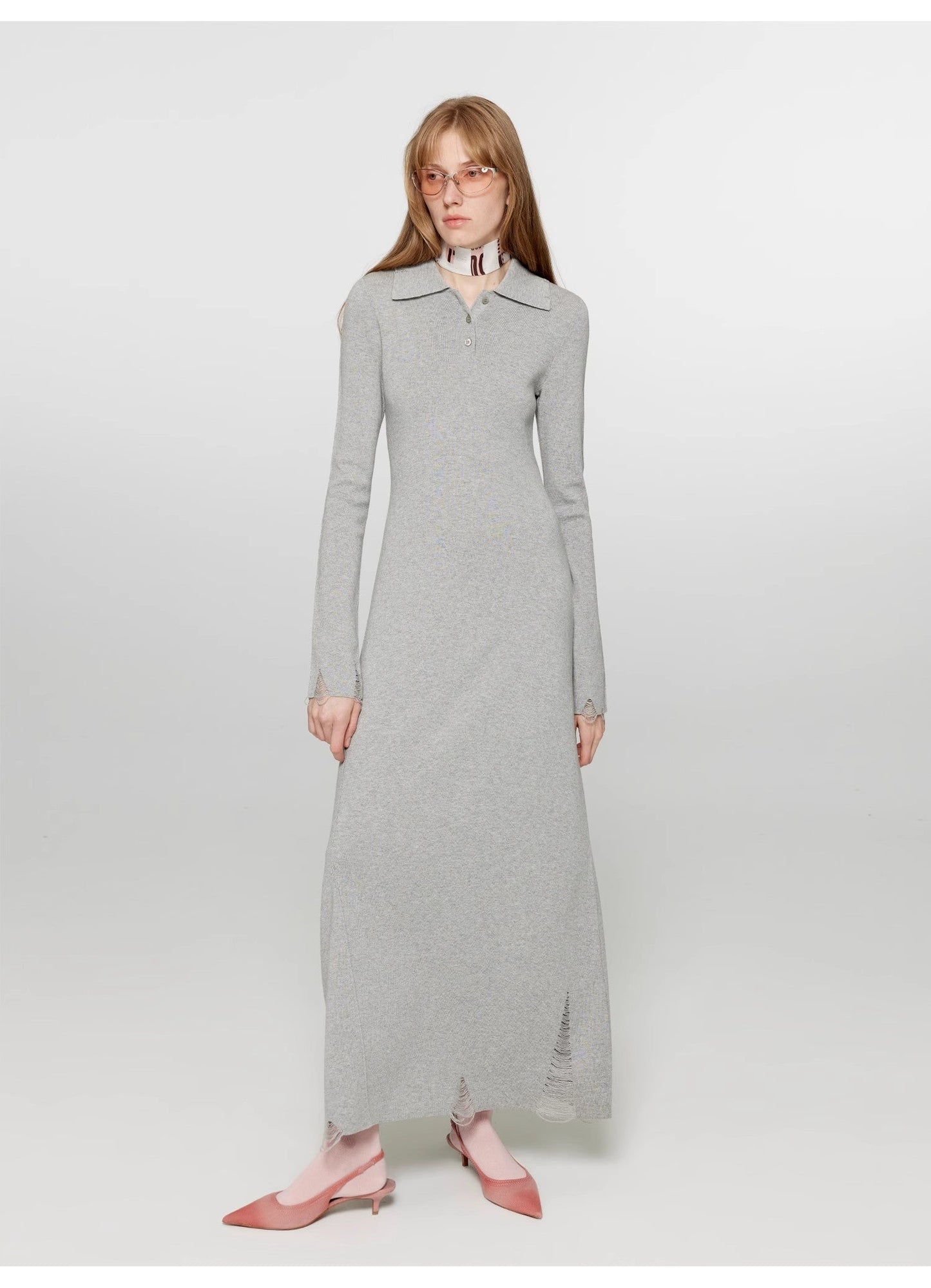 "Spring Muse" Merino Wool / Exquisite Polo Collar Waist-Cinching Knit A-Line Dress for Women