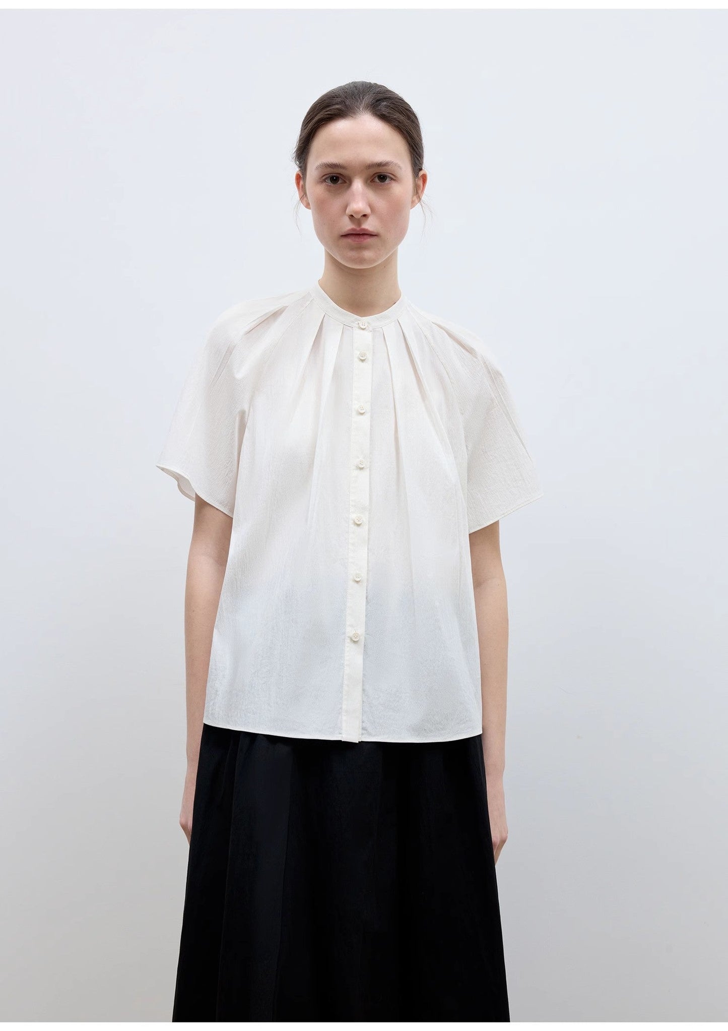 "Silent Island" Stand-Up Collar Pleated Short-Sleeved Shirt Women's Casual Top