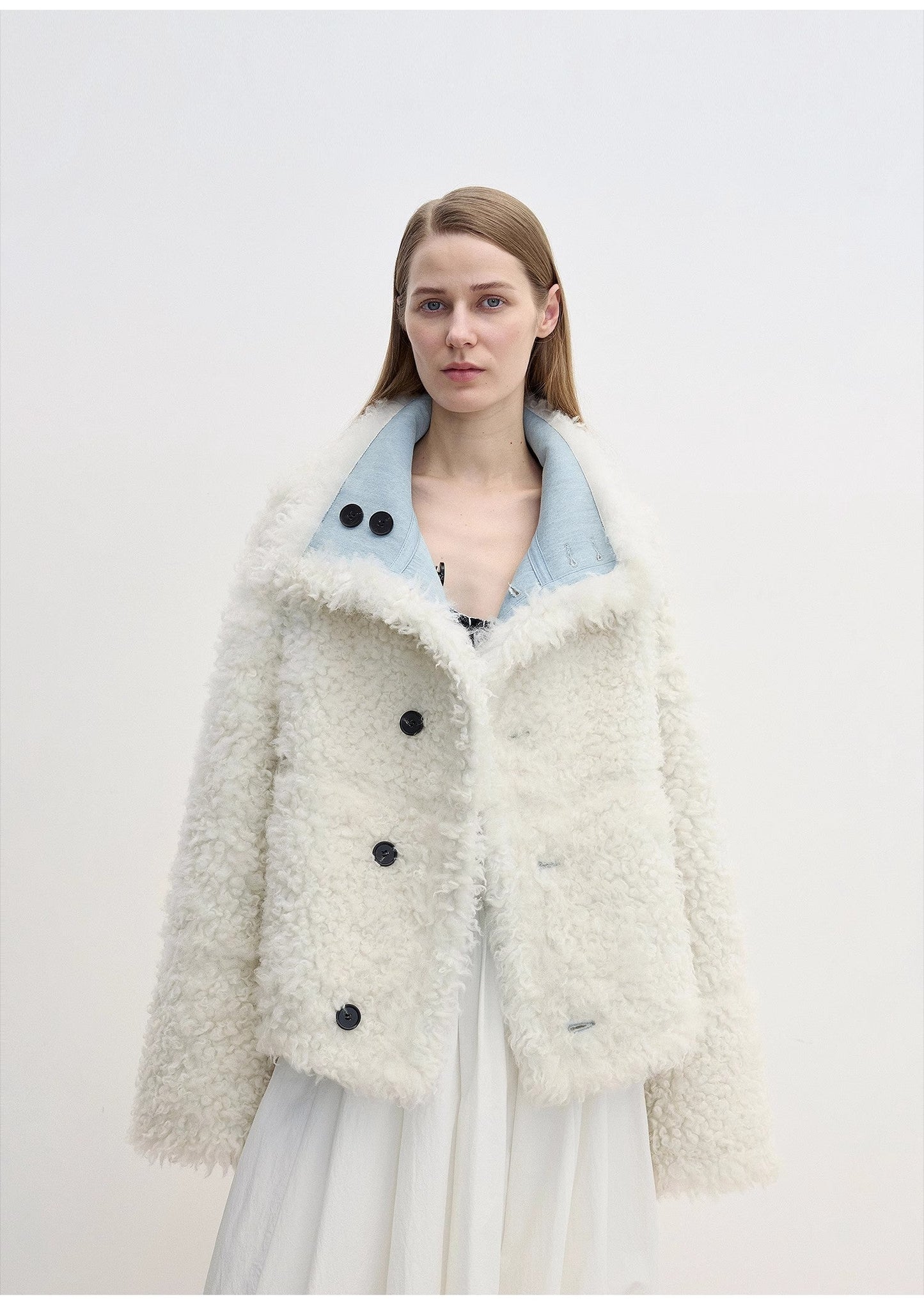 "Mint Glacier"Flip Collar Reversible Shearling Denim Wool Jacket