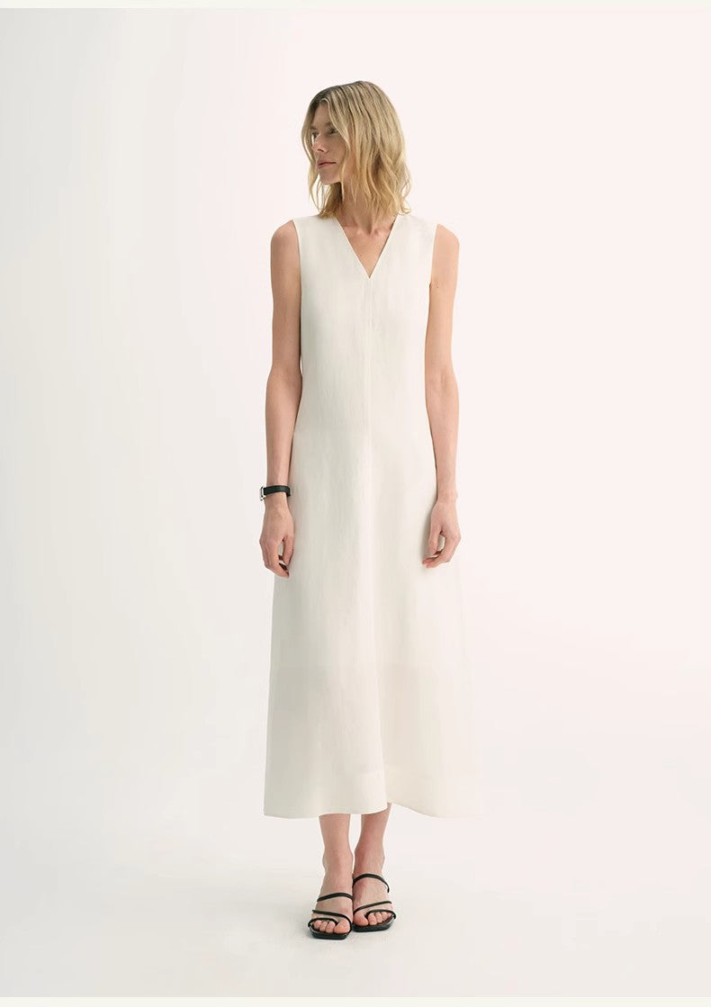 Linen Textured Anti-Wrinkle V-Neck Sleeveless A-Line Dress