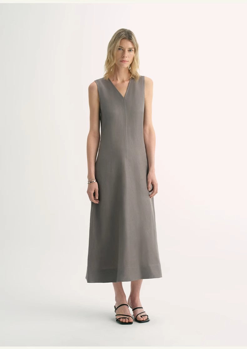 Linen Textured Anti-Wrinkle V-Neck Sleeveless A-Line Dress