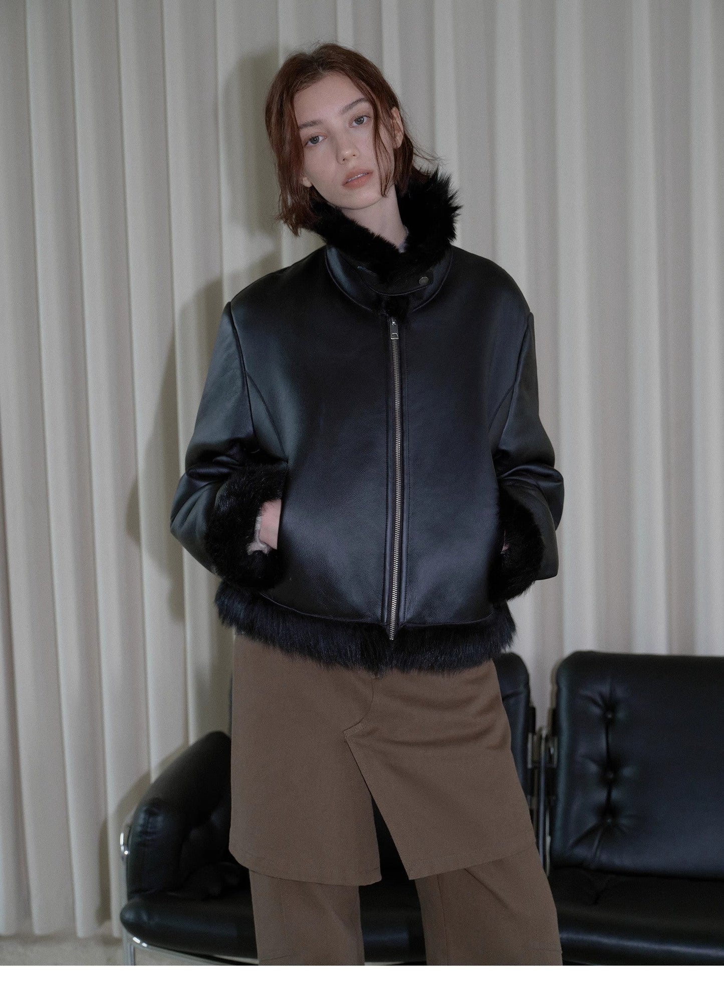 Fireladyfur Women's Shearling Coat - Motorcycle Style Tuscan Wool Short Jacket