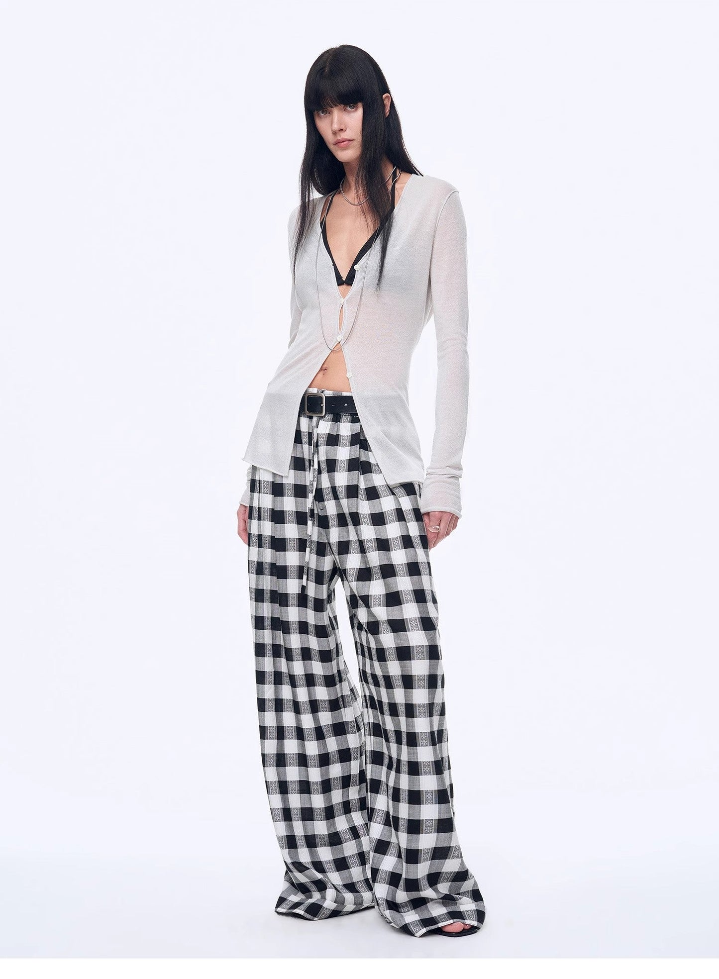 "Plaid Accent" National Style Tencel Acetate Jacquard/Drape Linen Plaid Retro Casual Pants Spring