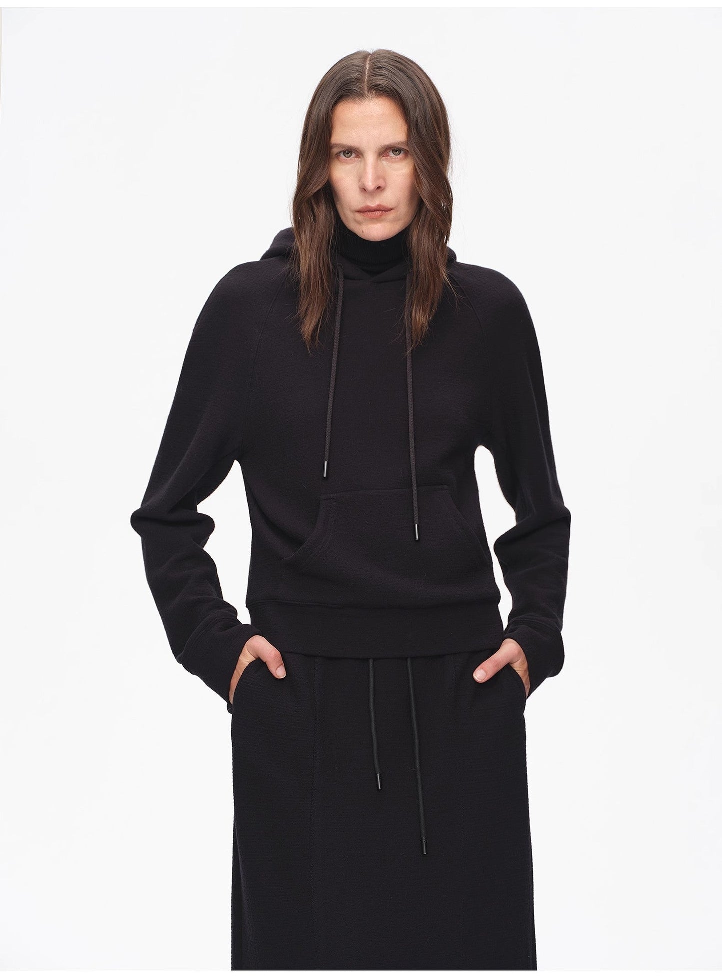 "Casual Life" Textured Cotton Loose Straight Hooded Short Sweatshirt