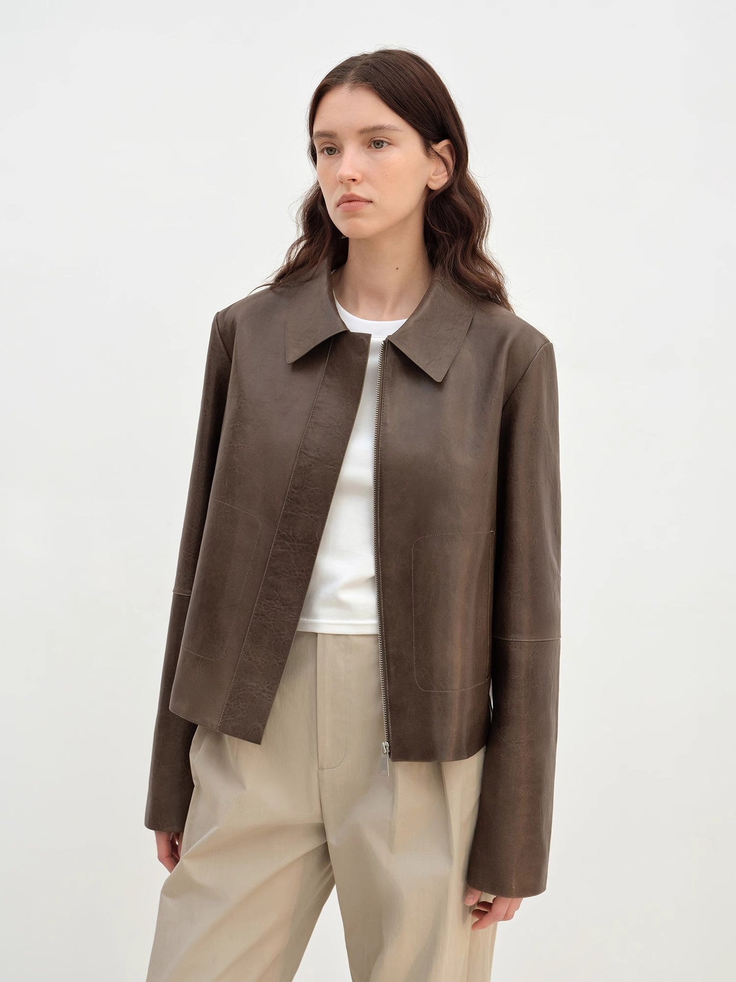 Two-Tone Wax Sheepskin Short Jacket Leather Coat Women