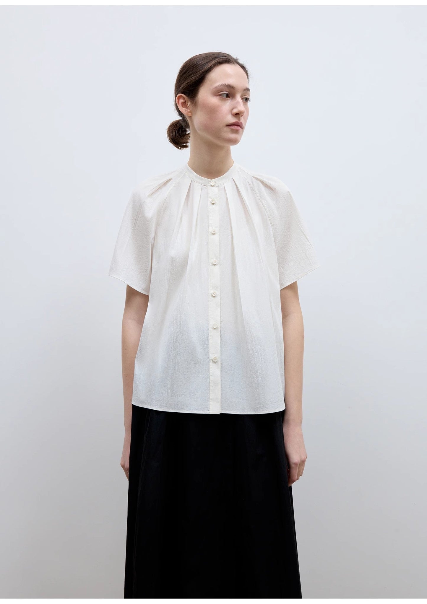 "Silent Island" Stand-Up Collar Pleated Short-Sleeved Shirt Women's Casual Top